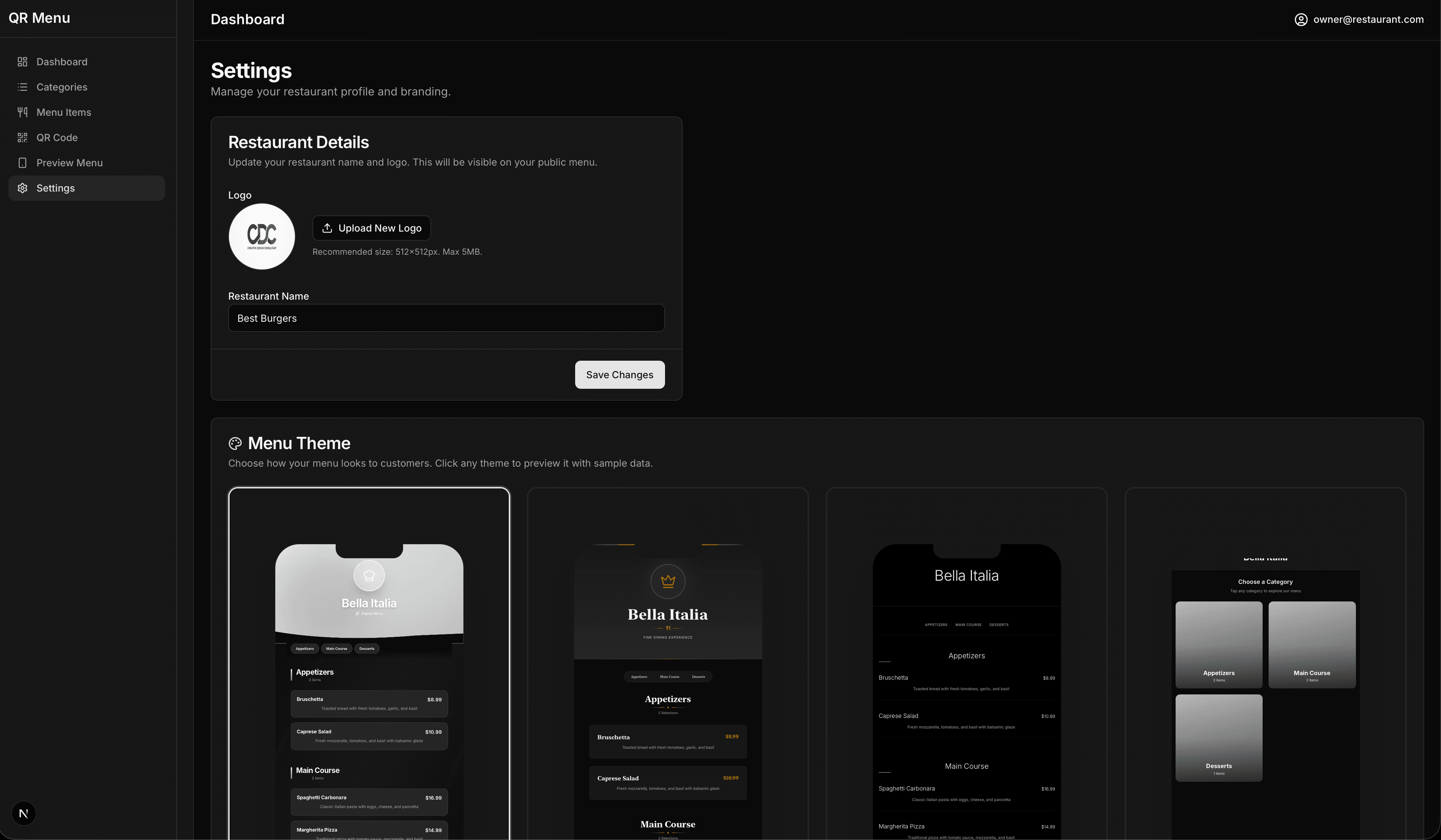 QR Menu Dashboard Preview